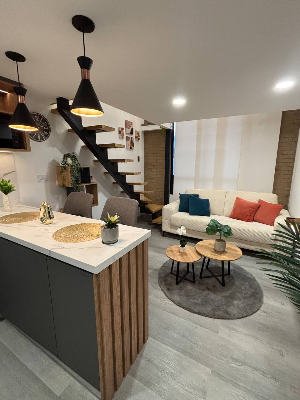 Designer living room with wood details