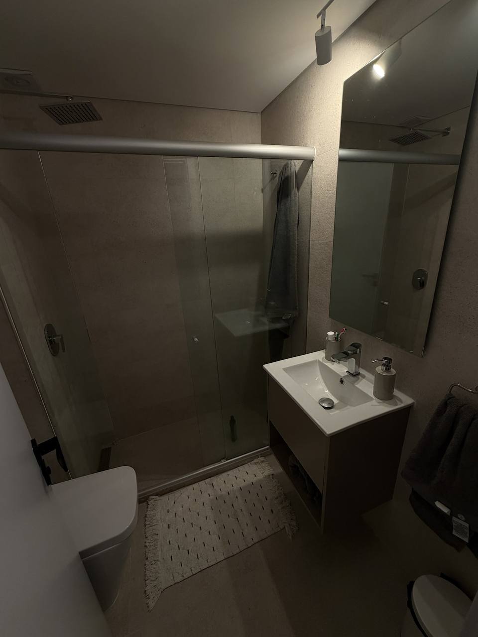 Bathroom with shower, toilet, and sink.