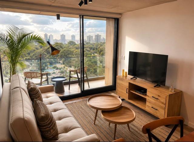 Living moderno con ventanales de piso a techo