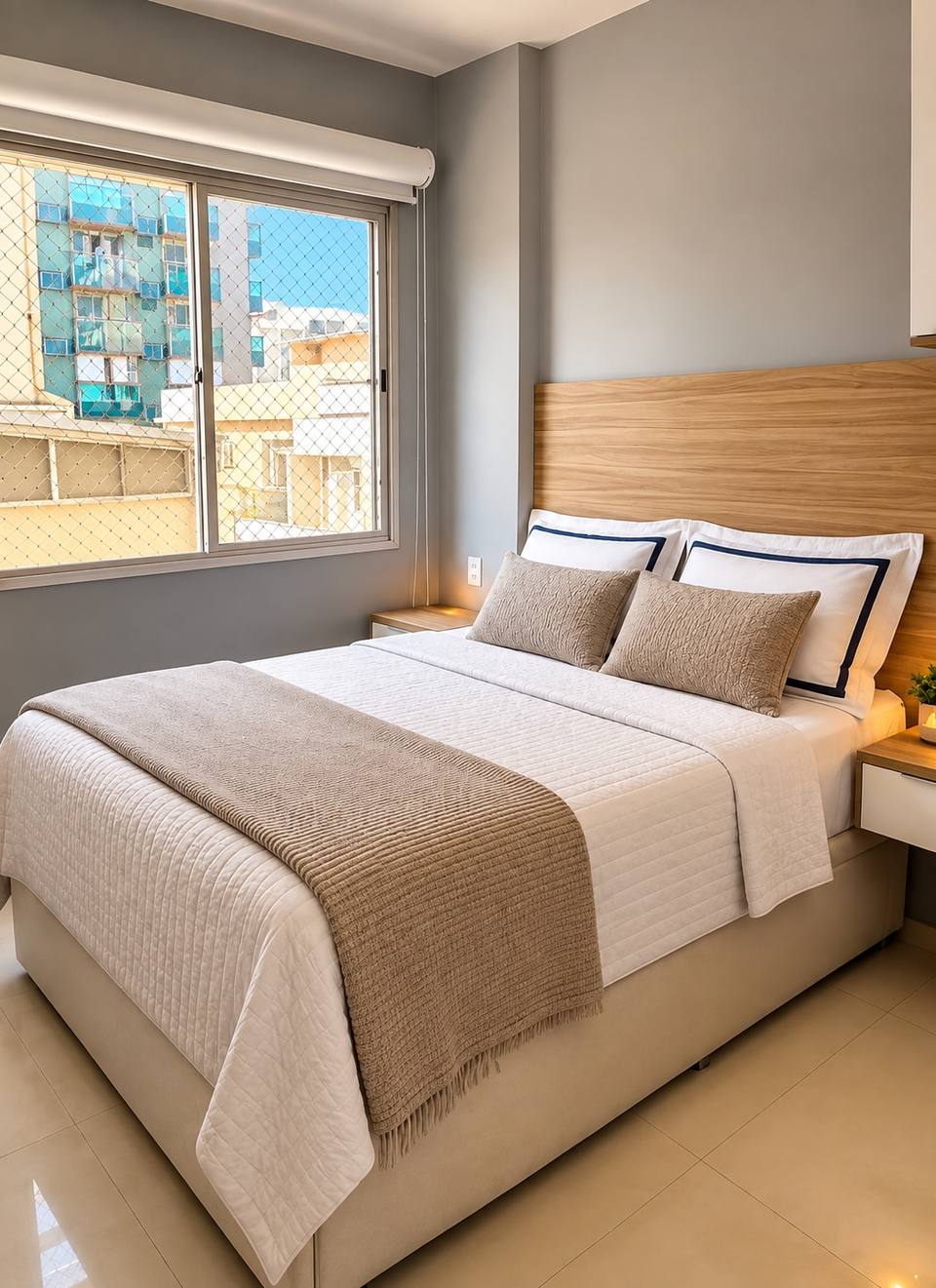 Suite principal con cama queen y área de trabajo