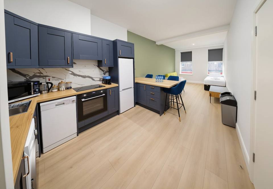 Spacious integrated environment with modern kitchen and seating area