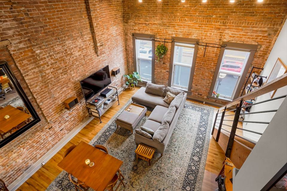 Integrated living area with high ceilings