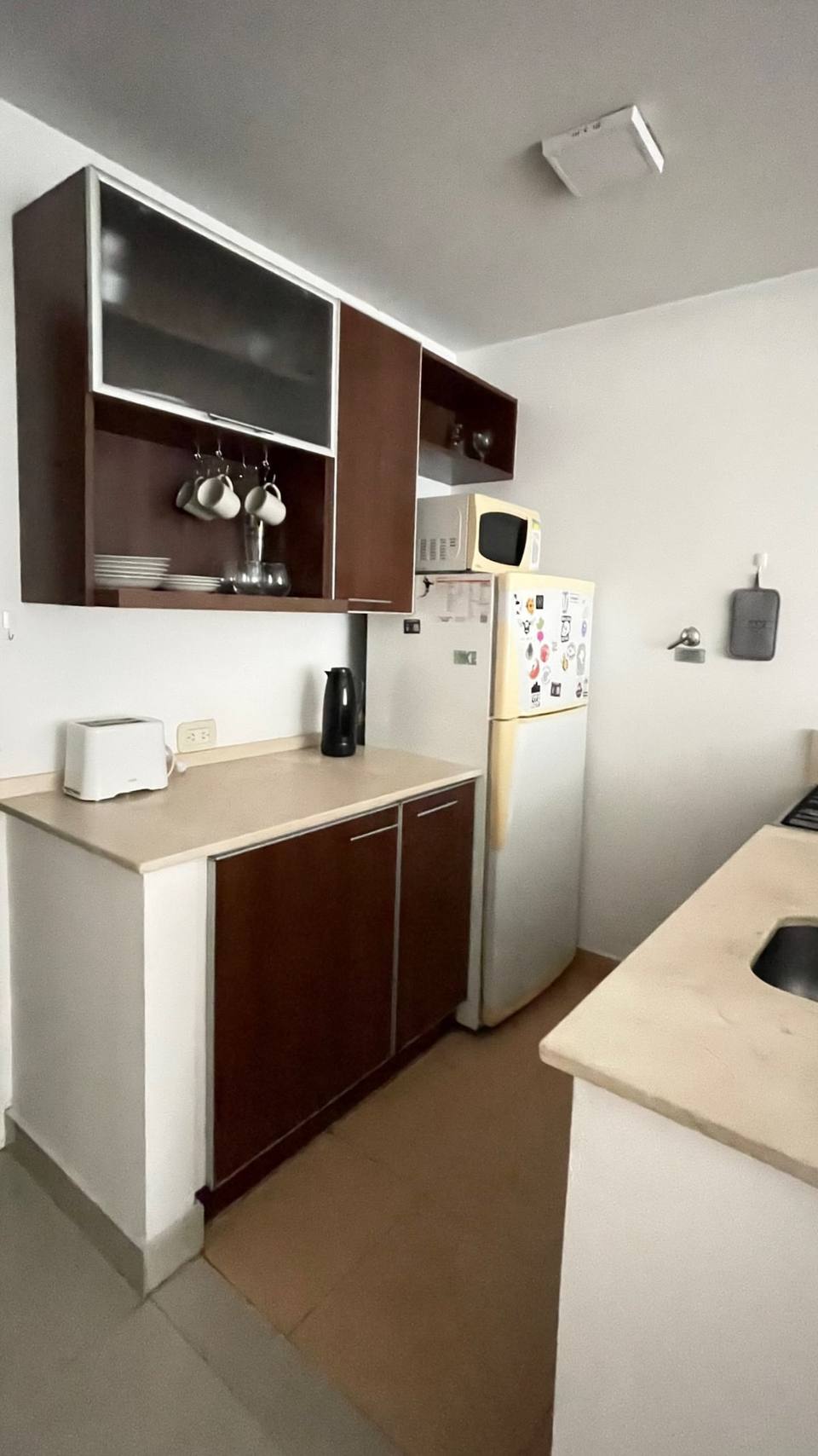 Full kitchen with refrigerator and microwave