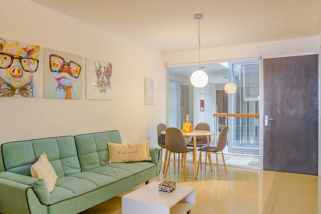 Amplio living con sofá cama y decoración moderna