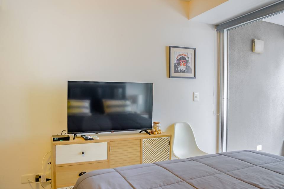 Televisión, cama, mueble y acceso balcón